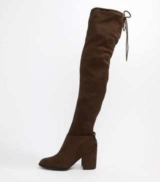 River Island + Over-the-Knee Tie Detail Boots in Chocolate