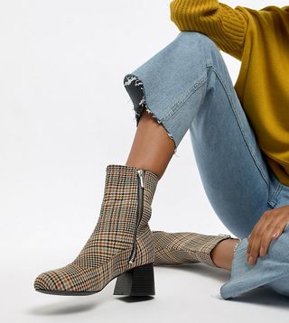 Monki + Check Heeled Ankle Boots in Brown