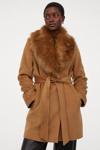 H&M + Coat With Faux Fur Collar