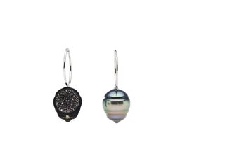 Little H + Tahitian Pearl and Black Diamond Geode Hoop Earrings