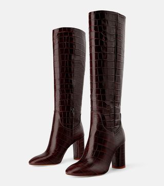 Zara + Animal Print Leather Heel Boots