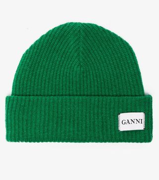 Ganni + Green Knit Logo Beanie