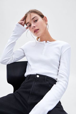 Zara + Textured Weave Top With Buttons
