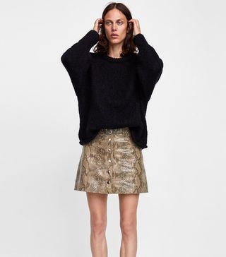 Zara + Snakeskin Print Leather Mini Skirt