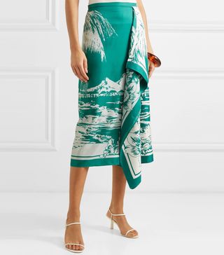 Tibi + Leilani Draped Printed Silk-Twill Midi Skirt