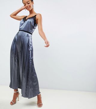 Little Mistress + Tall Lace Trim Cami Dress With Pleated Skirt in Slate