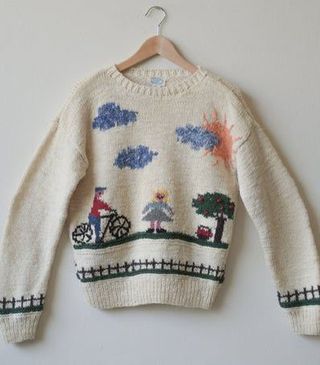 Vintage + Hand Knit Virgin Wool Bicycle Scene Sweater