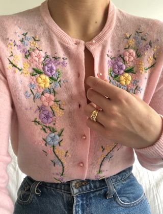 Vintage + 1960s Lambswool Angora Floral Embroidered Cardigan