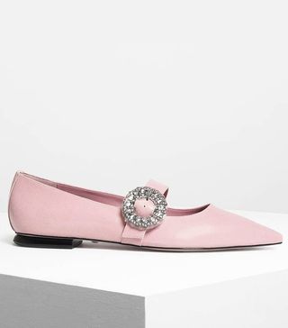 Charles 
Keith + Crushed Gem Effect Buckle Leather Flats