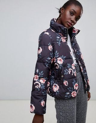 Pieces + Flower Print Padded Coat