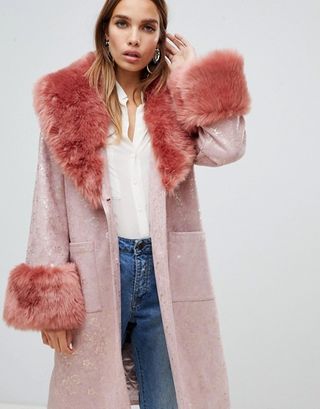 Dolly & Delicious + Oversized Floral Metallic Coat With Faux Fur Trims in Pink