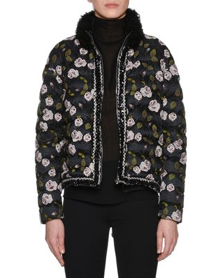 Giambattista Valli + Fur-Collar Multi-Floral Lace-Embroidered Short Puffer Coat