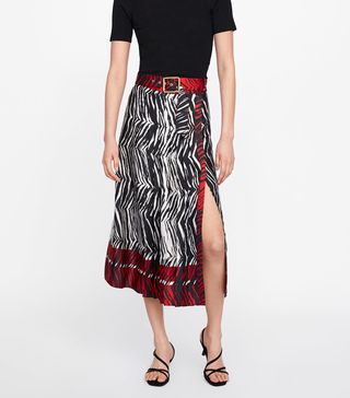 Zara + Animal Print Paneled Pleated Skirt