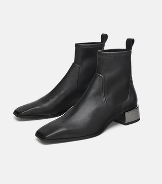 Zara + Low-Heeled Square Toe Leather Ankle Boots