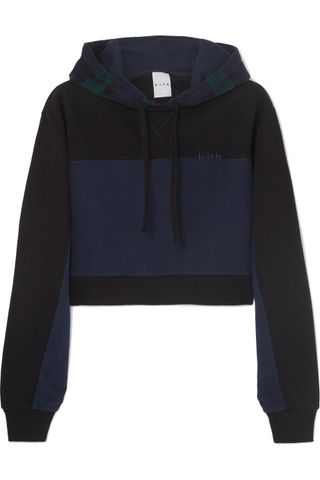 Kith + Katie Cropped Checked Paneled Cotton-Jersey and Wool-Blend Hoodie