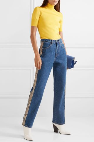 MSGM + Snake-effect Faux Leather-trimmed High-rise Straight-leg Jeans