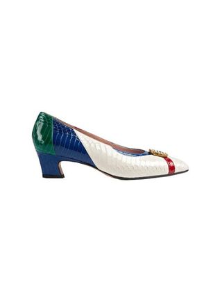 Gucci + Snakeskin Pumps with Crystal Double G in White, Blue, Red, and Green