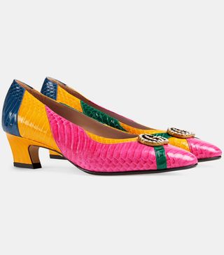 Gucci + Snakeskin Pumps with Crystal Double G in Pink, Green, Yellow, and Blue