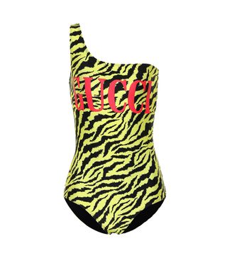 Gucci + One-Shoulder Zebra-Printed Swimsuit