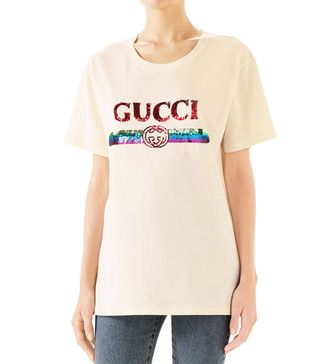Gucci + Crewneck Short-Sleeve Cotton T-Shirt with Sequined Log