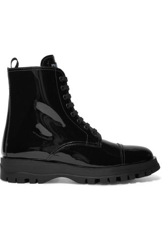 Prada + Lace-Up Patent-Leather Ankle Boots