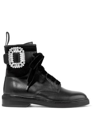 Roger Vivier + Viv Rangers Crystal-Embellished Paneled Leather and Suede Ankle Boots