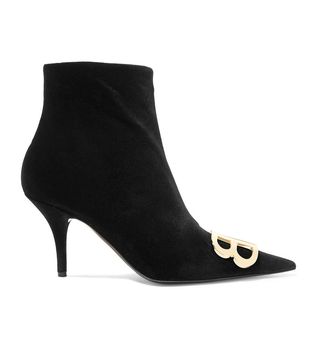 Balenciaga + Knife Logo-Embellished Velvet Ankle Boots