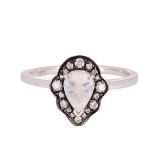 Anna Sheffield + White Gold Camellia Petal Rainbow Moonstone and Diamond Ring