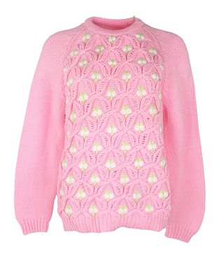 Vintage + '60s Pink Cable Knit Floral Embroidered Jumper