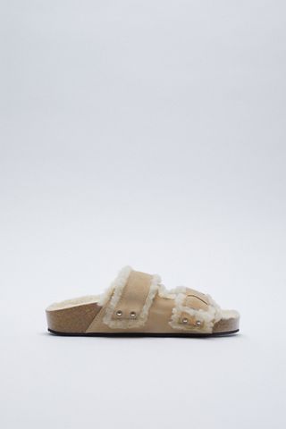 Zara + Low Heel Leather Sandals With Fleece