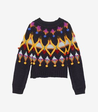 Zara + Multicolored Embroidered Knit Sweater