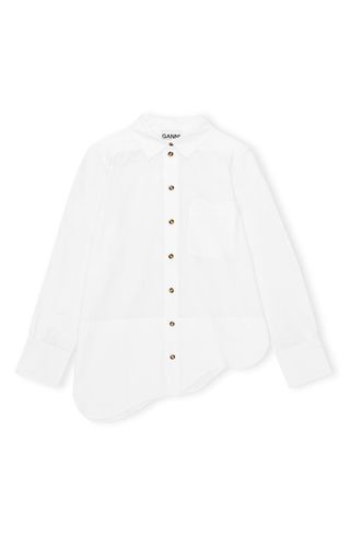 Ganni + Asymmetric Hem Organic Cotton Poplin Button-Up Shirt