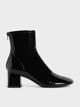 Charles & Keith + Black Patent Block Heel Ankle Boots