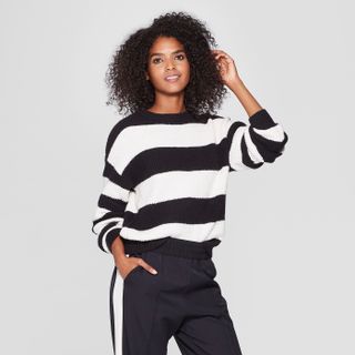 Who What Wear x Target + Striped Long Sleeve Crew Neck Tie Back Sweater