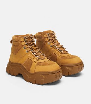 Zara + Low-Heeled Leather Hiking Boots