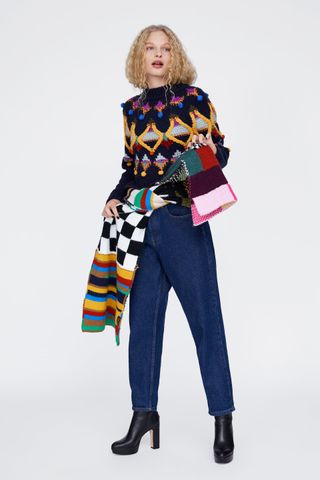 Zara + Multicolored Embroidered Knit Sweater