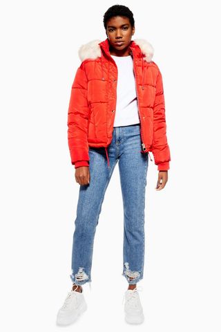 Topshop + Red Faux Fur Lined Quilted Puffer Jacket