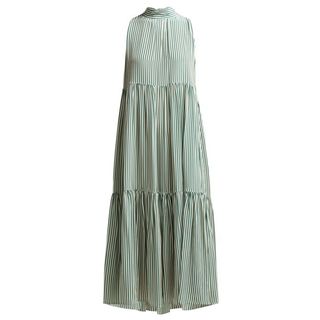 Asceno + Striped Neck-Tie Tiered Silk Midi Dress