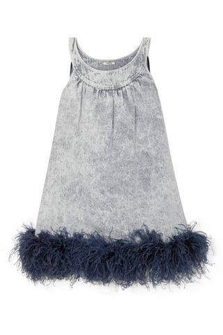 Miu Miu + Feather-Trimmed Embroidered Denim Mini Dress