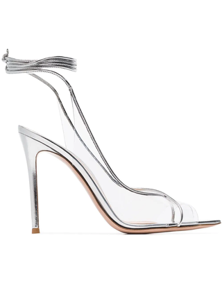 Gianvito Rossi + Silver Metallic Denise Leather and PVC 105 Sandals