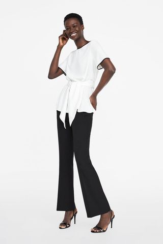 Zara + Belted Blouse With Contrasting Piping