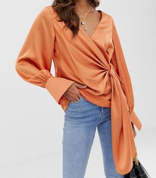 ASOS Design + Long Sleeve V-Neck Top With Drape Front and Cuffs