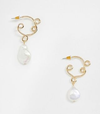ASOS Design + Hoop Earrings in Looped Knot Design With Faux Freshwater Pearl Drop in Gold Tone