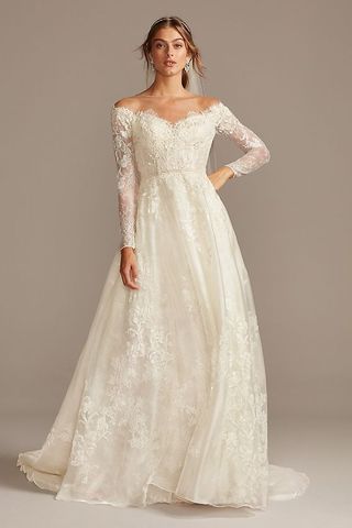 Oleg Cassini + Shimmer Lace Long Sleeve Applique Wedding Dress