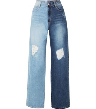 SJYP + Two-Tone Distressed High-Rise Wide-Leg Jeans