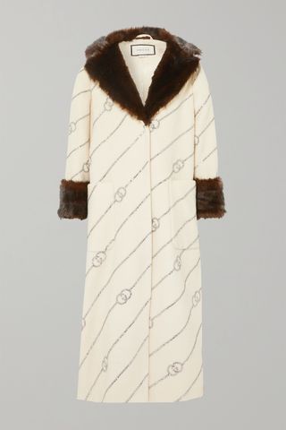 Gucci + Faux Fur-Trimmed Crystal-Embellished Wool-Felt Coat
