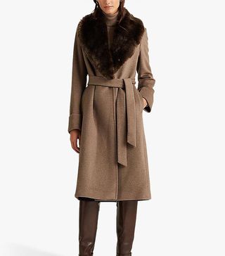 Lauren Ralph Lauren + Wrap Faux Fur Trim Coat, Black