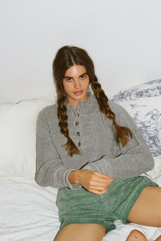 Urban Outfitters + Ribbed Cropped Henley Pullover