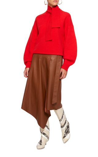 Tibi + Draped Asymmetric Leather Midi Skirt