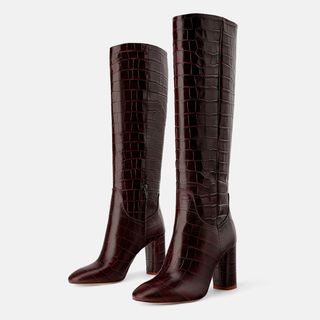 Zara + Animal Print Leather Heeled Boots
